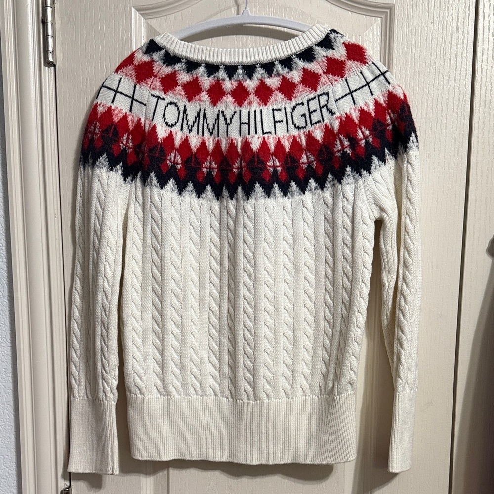Tommy Hilfiger Ivory Cable Knit Fair Isle Sweater Y2K Preppy Winter Holiday Ski - Picture 3 of 6
